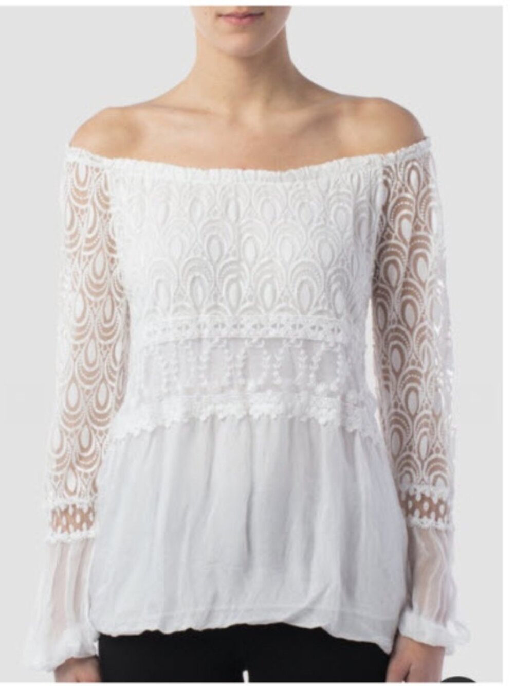 Joseph Ribkoff White Off-Shoulder Lace Peasant Blouse Size medium